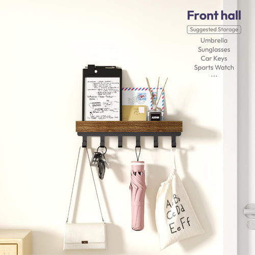 Key Holder with Wood Tray and 6 Hooks