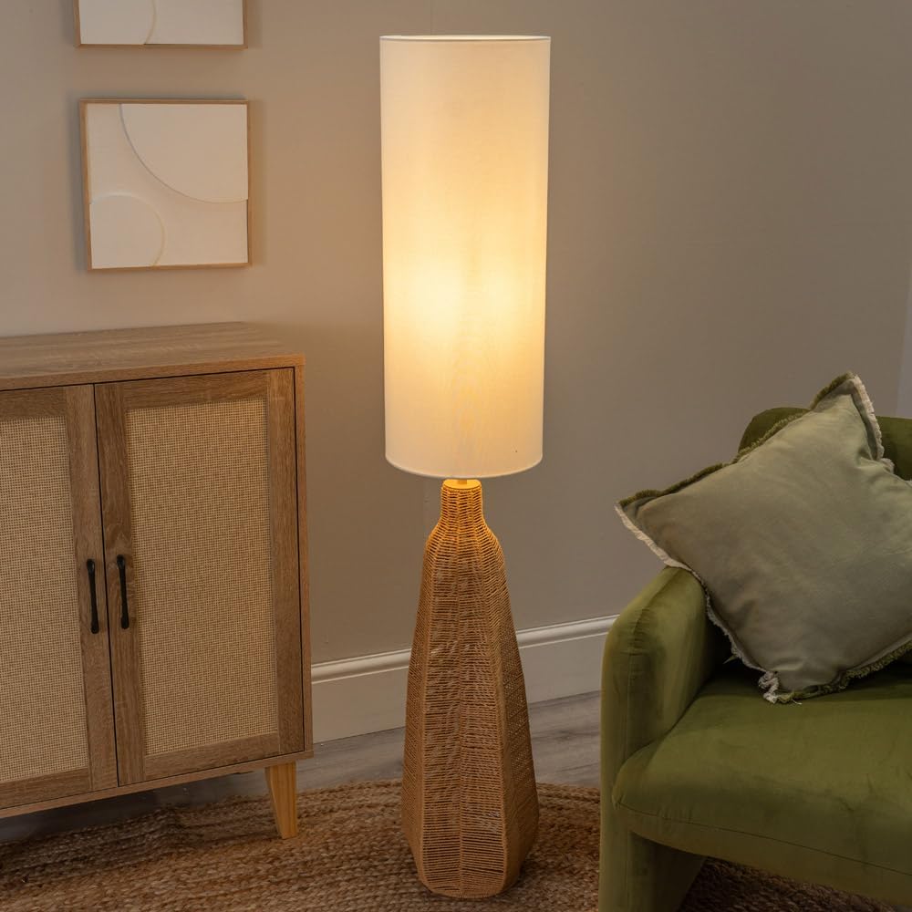 White Tall Lamp Shade Natural Rattan Midi Floor Lamp