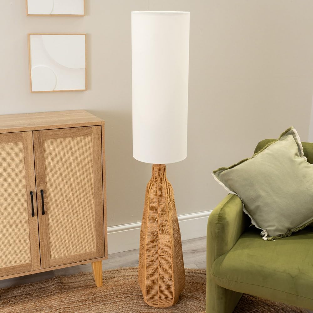 White Tall Lamp Shade Natural Rattan Midi Floor Lamp